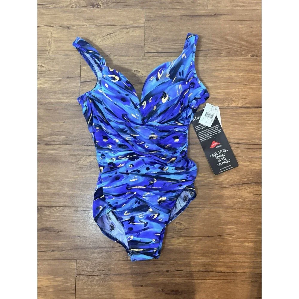 Miraclesuit Womens Animal Magnetism Oceanus One Piece Swimsuit Size 14 Blue Gold